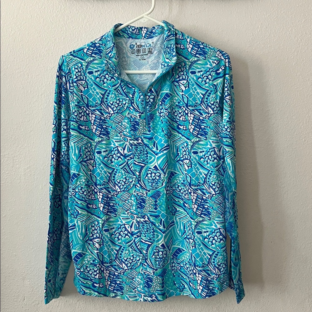 IBKUL Aqua & Navy Tropical Quarter-Zip Pullover